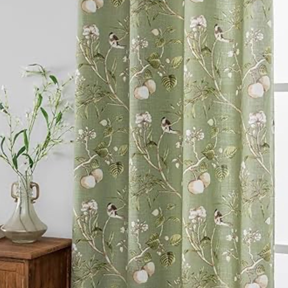 Green Floral Bird Print Curtain Panel